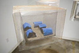 Congo camp detail showing blue forms inside a wire-mesh enclosure