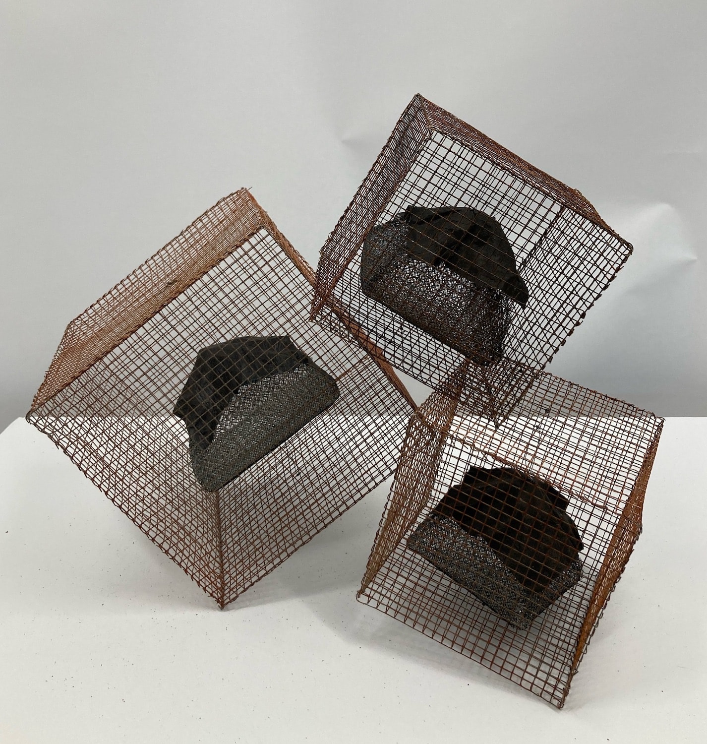 The Trouble with Cages construction, three rust-colored wire cages containing dark mesh forms